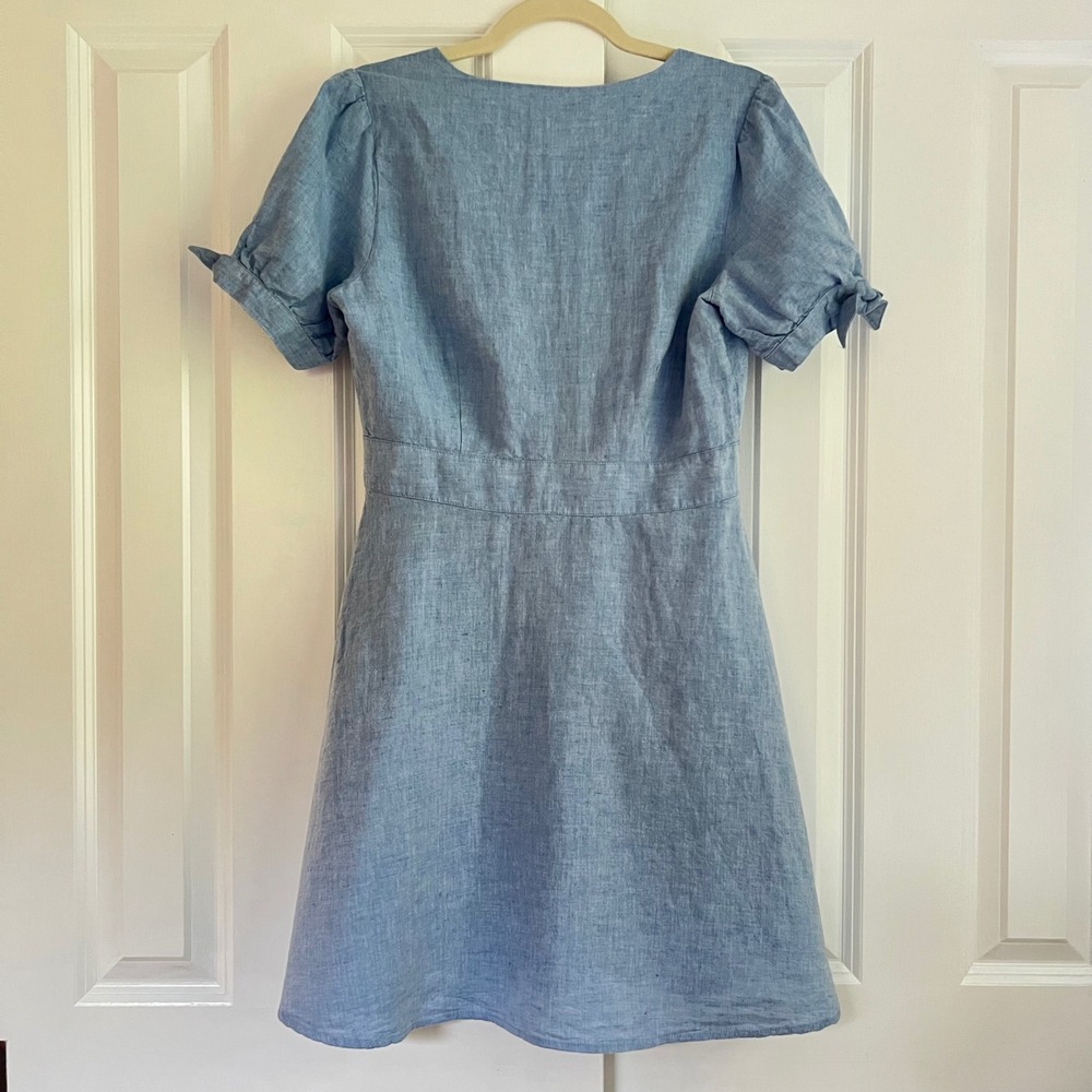 Gap Blue Linen Blend Button Front Puff Sleeve Tie Cuff Fit Flare Dress Size 8 - Picture 8 of 9
